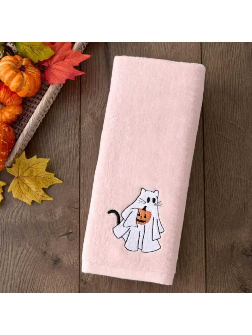 Embroidered Halloween Ghost Cat Hand Towel Set - 100% Cotton, Decorative